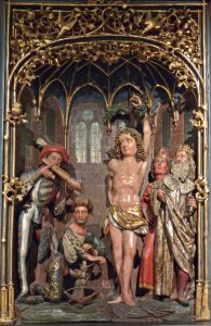 Sebastian und die Armbrustschützen. Elsässisches Altarretabel, um 1520. Musée de l'Œuvre Notre-Dame de Strasbourg.