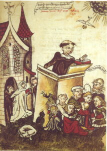 Der Franziskaner-Prediger Berthold von Regensburg. Im Hintergrund scheinen zwei Franziskaner einen weißgekleideten Mönch (Zisterzienser?) zu ermahnen.Österr. Nationalbibliothek, Cod. 2829, fol. 1 aus: Gleba, Klosterleben, S. 180.