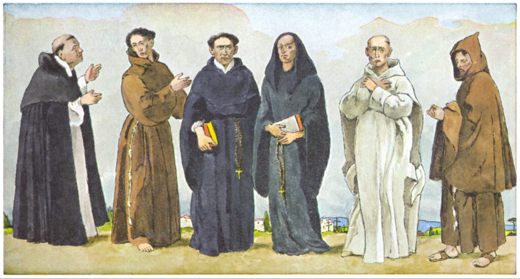 V. l. n. r.: Dominikaner, Franziskaner, Augustiner, Benediktiner, Kartäuser, Kapuziner (Zweig der Franziskaner).aus: Wolfgang Tilke u. Max Bruhn, Kostümgeschichte in Bildern, Wiesbaden: Drei-Lilien-Verlag 1991, S. 28.