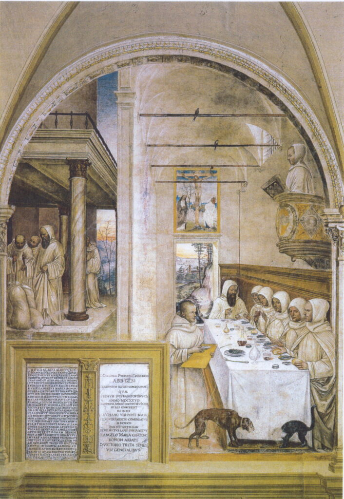 Die Benediktiner-Kongregation vom Kloster Monte Oliveto Maggiore trägt weißen Habit. Gut zu erkennen: die separaten, eng anliegenden Kapuzen (Kukullen).Fresko von Sodoma, Monte Oliveto Maggiore. Su concessione del Ministero per i Beni e le Attività Culturali, Foto: Soprintendenza PSAD Siena e Grosseto aus: Gleba, Klosterleben, S. 71.