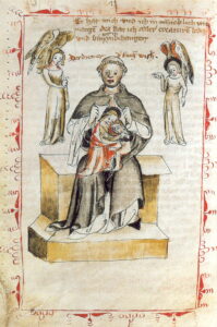 Der Mystiker Heinrich Seuse im typisch schwarz-weißen Gewand der Dominikaner (Holzschnitt aus dem 15. Jh.).Bibliothèque Nationale et Universitaire de Strasbourg, Inkunabel K. 7