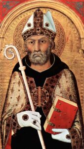 Der hl. Augustinus als Bischof von Hippo mit „mitra pretiosa“, Pontifikalhandschuhen und bestickter Almutia mit reich verzierter, edelsteinbesetzter Schließe. (Simone de Martini, Altarretabel von Cambridge, 1320-1325.)