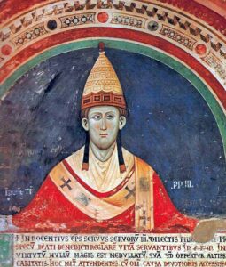 Papst Innozenz III. mit Tiara und schalartigem Pallium. (Fresko im Kloster Sacro Speco, um 1219.)
