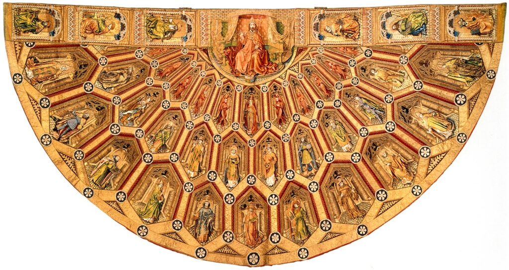 luviale des Messornats des Ordens vom Goldenen Vlies, Gold- und Silberfäden in Anlegetechnik, Stickerei mit Seide, Perlen. (Robert Campin, ca. 1433-1442.)