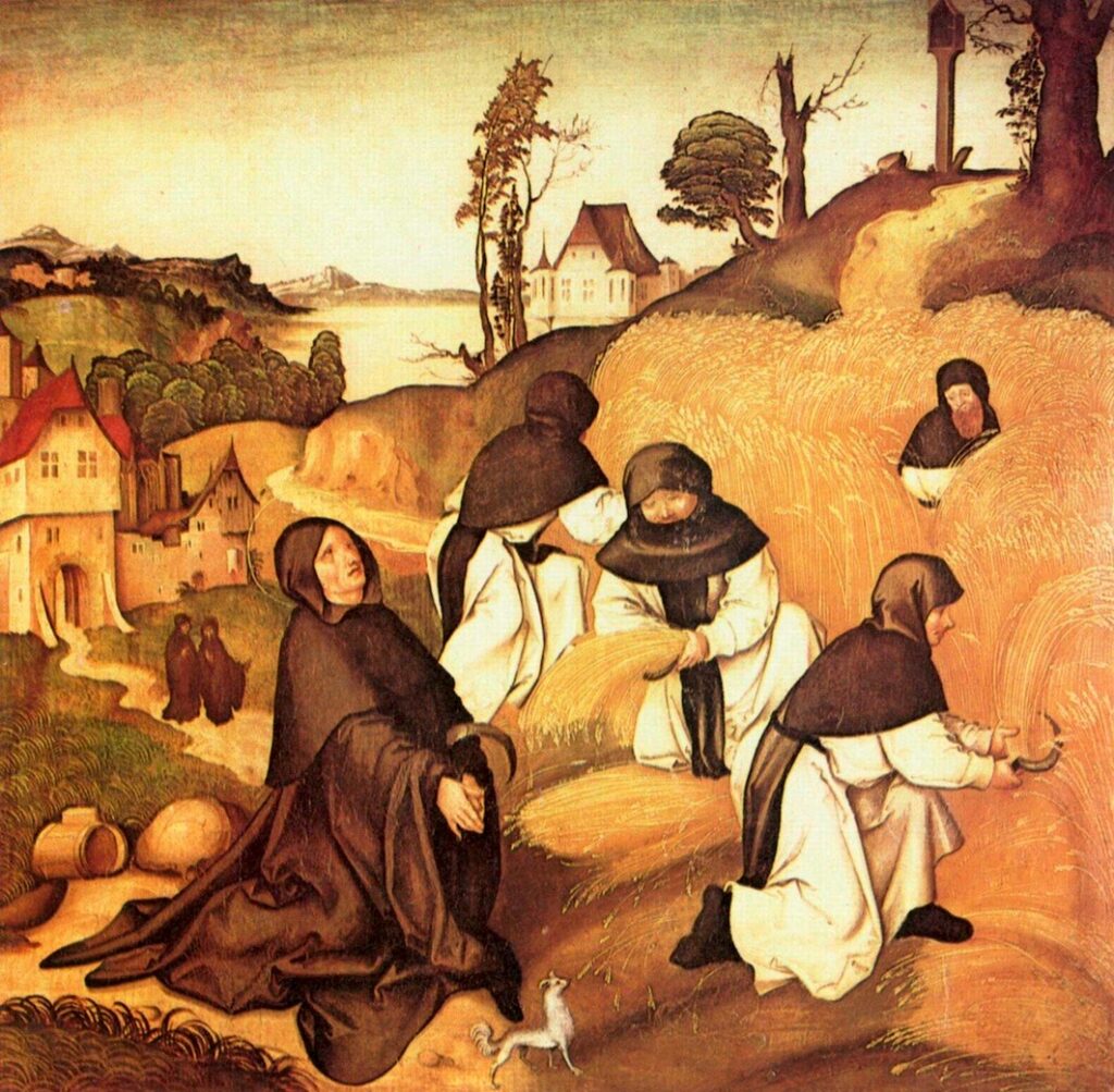 Zisterzienser bei der Getreideernte: weiße Tunika, schwarzes Skapulier und schwarze Kukulle, der hl. Bernhard in der schwarzen Tracht der Benediktiner. (Jörg von Breu d.Ä., Bernhardsaltar, Stiftskirche Zwettl/Nö., um 1500.)